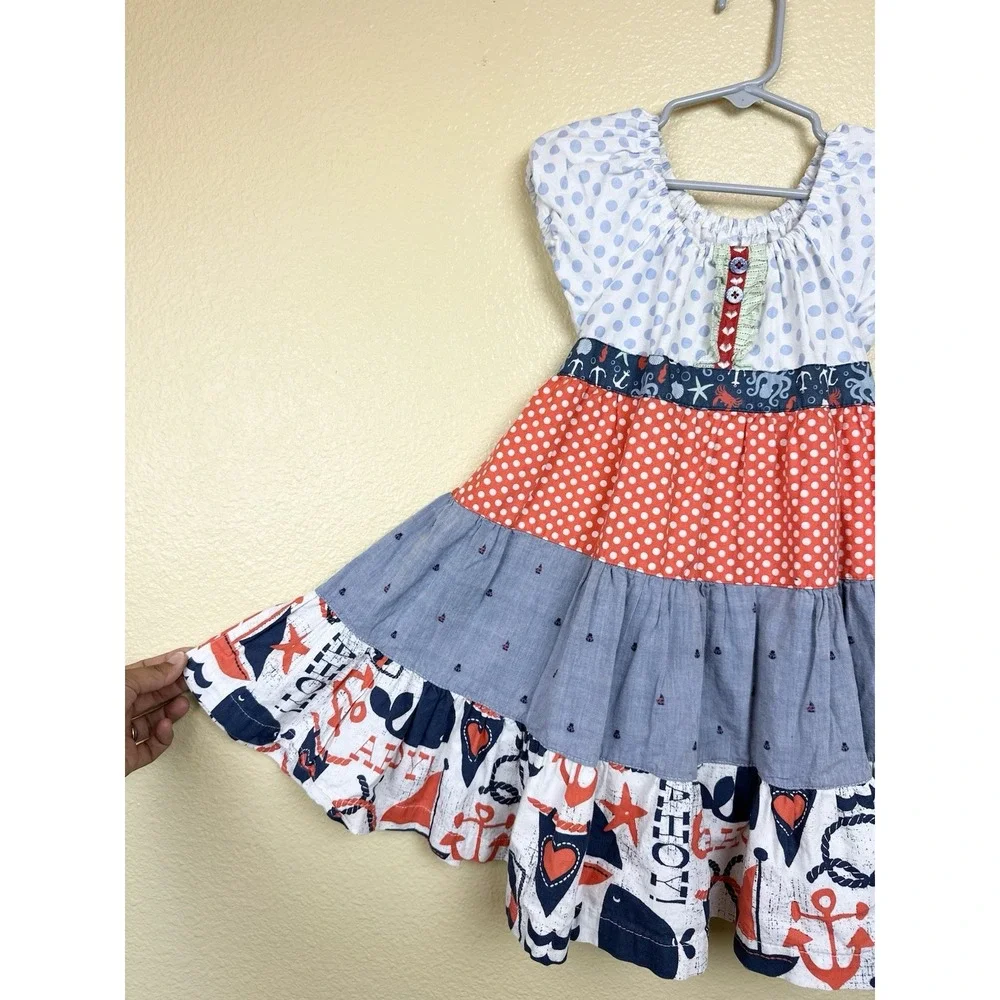 Matilda Jane Girls Platinum Nautical Sailing Dress Size 6 Patriotic Sea Twirl